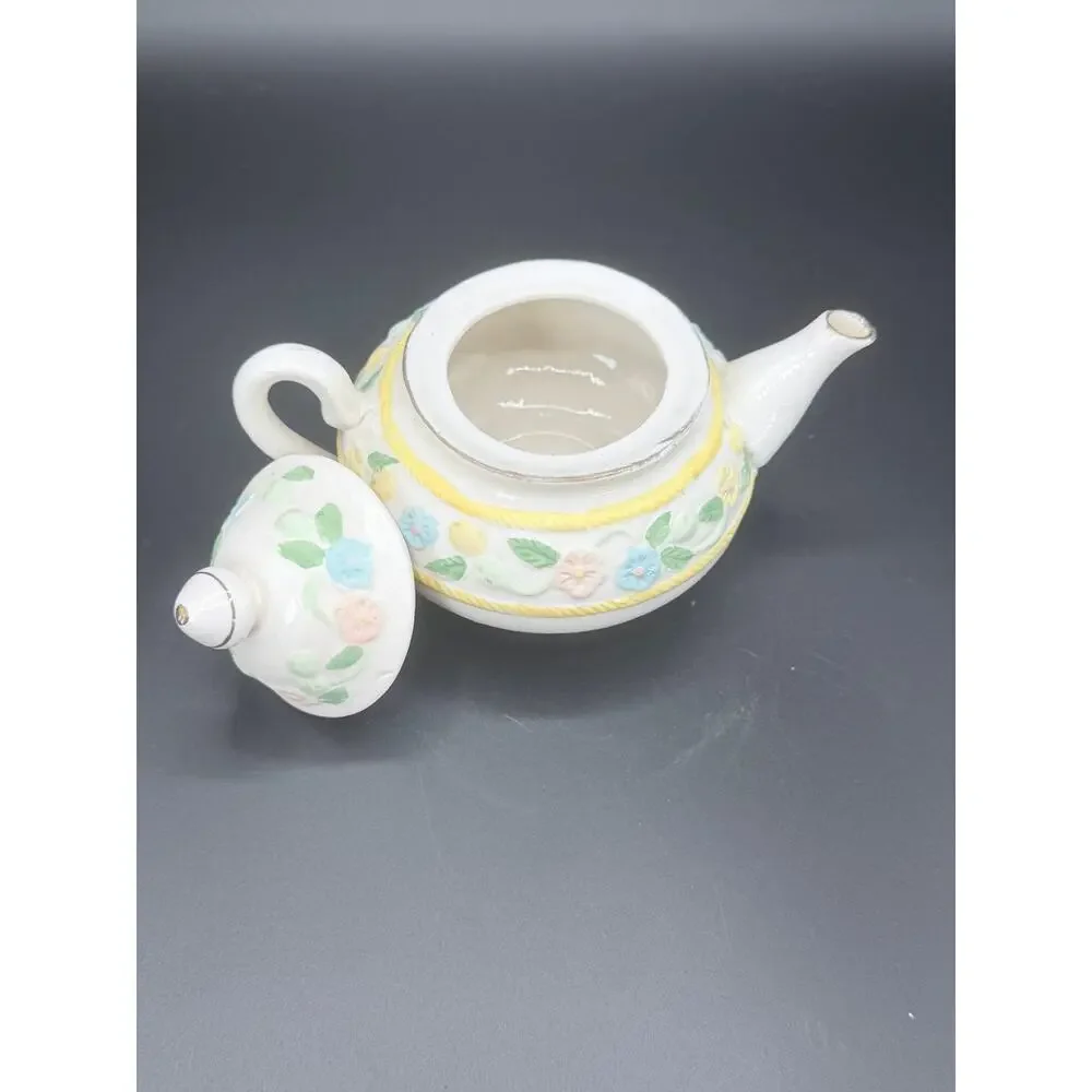 Floral Applique Ceramic Teapot Raised Flowers Yellow Rope Trim 6 Inch